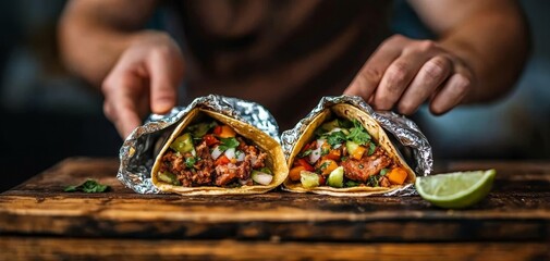 Closeup of Hands Unwrapping Two Tacos on a Wooden Cutting Board with a Lime Wedge