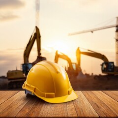 Wall Mural - Yellow safety construction helmet on wood table with construction site background