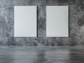 Two Blank Frames on Rough Concrete Wall Minimalist Gallery Interior Empty Space for Art