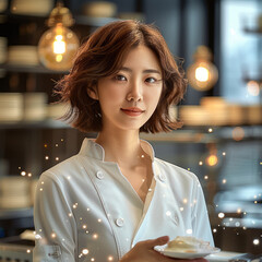 Wall Mural - Korean Asian chef, short hair, beautiful. Generative AI.