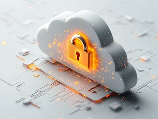  digital futuristic white 3D cloud with glowing gold color padlock symbol (icon, badge), modern cloud virtual technologies for business and entertainment, futuristic cloud data security concept