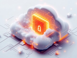  digital futuristic white 3D cloud with glowing gold color padlock symbol (icon, badge), modern cloud virtual technologies for business and entertainment, futuristic cloud data security concept