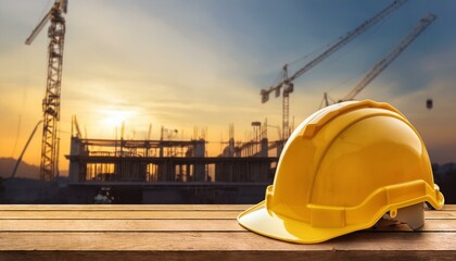 Wall Mural - Yellow safety construction helmet on wood table with construction site background