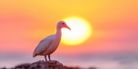 Dodo bird at sunset, bright sky with sun on background