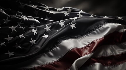 a black and white american flag waving on a black background.