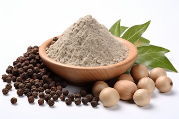 Close up of black pepper and powder isolated on white background  organic asian herbs and spices