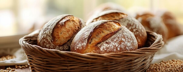 rustic artisan bread in a wicker basket, close-up view. homemade baking and culinary concept