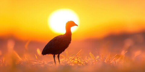 Dodo bird at sunset, bright sky with sun on background