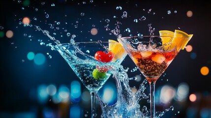 Close-up of martini cocktails being sprayed as a salutation. Background bar with text space available