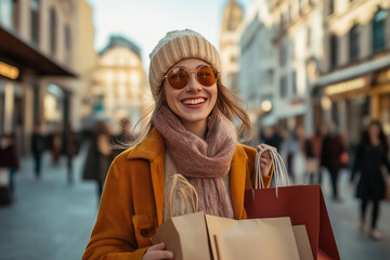 Wall Mural - A woman wearing a yellow coat and a white hat is smiling