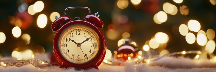 Wall Mural - A vintage red alarm clock sits on a white surface, surrounded by twinkling Christmas lights. The clock symbolizes time, anticipation, and the arrival of the holiday season.  The soft