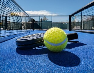 Wall Mural - Single padel ball bouncing on the court surface with a blurred background of players
