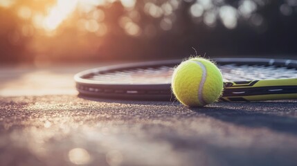 A yellow tennis ball rests beside a tennis racket on a court with a sunset in the background. The image symbolizes the joy, competition, and dedication associated with the sport of tennis.