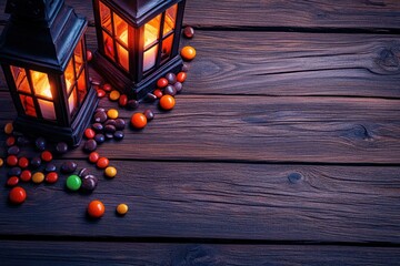 Poster - Two lanterns glow beside colorful candies on a wooden surface, evoking a cozy atmosphere.