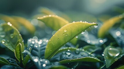 Poster - Close-up of a tea leaf with a drop of dew bending the leaf, dew about to drip down. Generative AI.