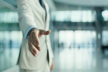 Wall Mural - Shot of an unrecognisable businessman extending his arm for a handshake in a modern office Welcome to the winner's club