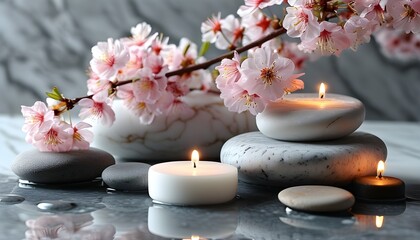 Tranquil sakura arrangement with spa stones, a white candle, and delicate flowers on a grey marble table for serene relaxation and rejuvenation.