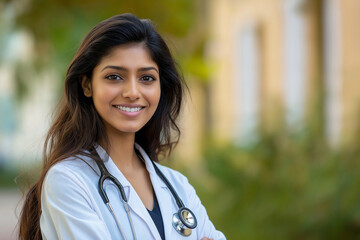 A woman in a white coat is smiling and posing for a picture