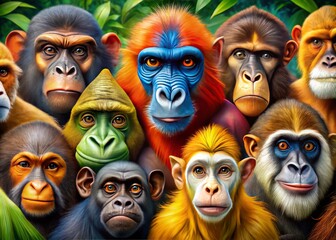 Vibrant image of diverse primates, showcasing capuchin, gorilla, orangutan, mandrill, and lemur species in their