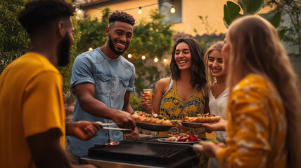 Wall Mural - A group of people are gathered around a grill, enjoying a barbecue