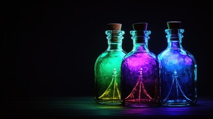 Colorful glass bottles with corks, illuminated against a dark background.