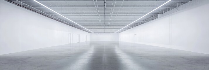 An empty industrial warehouse with white walls and a concrete floor. The space is well lit by overhead fluorescent lights, creating a clean and modern aesthetic. The image conveys a sense of vastness