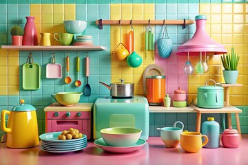 Vibrant Kitchen Scene With Cartoonish Appliances, Utensils, And A Bright, Whimsical Atmosphere Against A Pastel