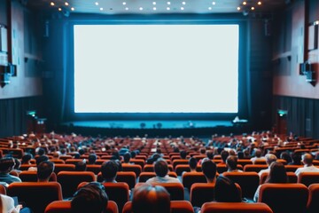 A large empty movie theater with a crowd of people sitting in the chairs, generative ai image