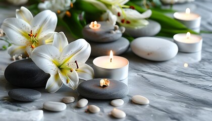 Tranquil lily arrangement with spa stones, white candle, and flowers on marble table for a serene relaxation experience