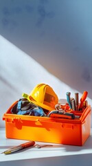 An open toolbox with safety gear displayed on a minimalistic light backdrop, representing work safety,No blurriness