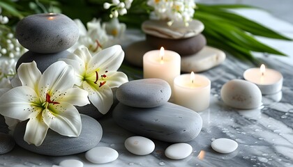 Wall Mural - Tranquil lily arrangement with spa stones, white candle, and flowers on marble table for a serene relaxation experience