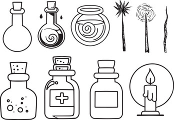 Witch Set line art witch magic wand drawing halloween clipart holiday party icons healer bottle elixir cauldron chemistry alchemy potion candle black silhouette prop sticker design elements contour