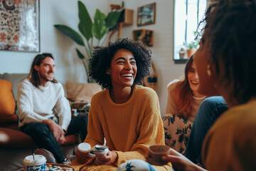 Wall Mural - A group of people are sitting on a couch and laughing