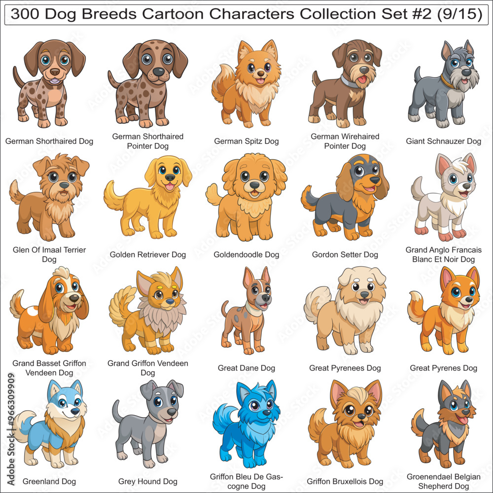 Dog Breeds Cartoon Characters Collection Set of 300 Dog Faces Isolated ...
