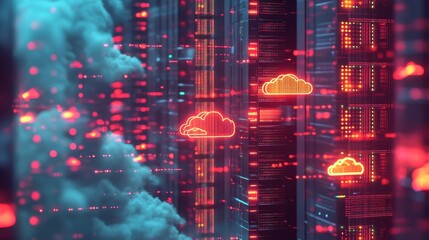Aufkleber - This image symbolizes the modern data storage concept, featuring a server stack with glowing lights and cloud icons representing data transfer and cloud computing.