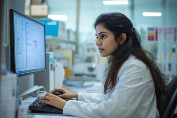 A woman is sitting at a computer with a keyboard in front of her