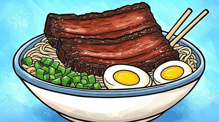 Poster -   A picture of a bowl containing noodles, meat, and eggs, accompanied by chopsticks