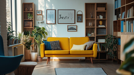 Wall Mural - A living room with a yellow couch, a chair, and a rug