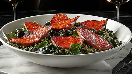   A zoom-in of a dish on a table, surrounded by two wine glasses and a plate in the front