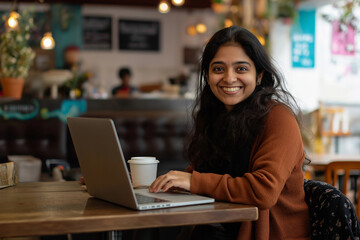 Wall Mural - A woman is sitting at a table with a laptop and a cup of coffee