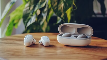 Two modern white wireless earbuds are shown resting on a wooden table. They are in their charging case, symbolizing connectivity, convenience