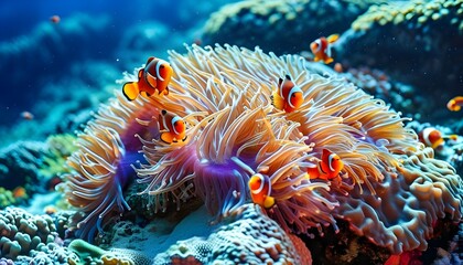 Colorful underwater scene showcasing vibrant sea anemones and coral reefs inhabited by clownfish in the rich marine ecosystem