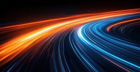 High speed light with blue and orange stripes, this abstract, futuristic technological concept features motion blur and fast forward timeline background