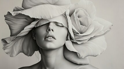 Wall Mural -   Black-and-white photo of a woman with a flower in her hair and a rose in her head