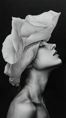 Poster -   A monochrome portrait of a woman wearing a flowered hat atop her head