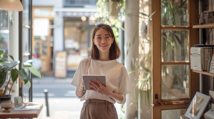 Smiling woman in a cozy cafe holding a tablet, surrounded by greenery and sunlight, enjoying her time in a warm atmosphere.