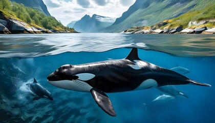 Orcas hunting herrings in Kvænangen fjord, Norway, showcasing a pod swimming gracefully in the blue Pacific Ocean below the surface