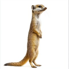 Wall Mural - yellow mongoose rises on its hind legs, exuding curiosity as it surveys its surroundings. Its striking slim shape and bushy tail are highlighted against a pristine white background.