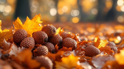 A pile of brown seed pods with yellow maple leaves in the background.