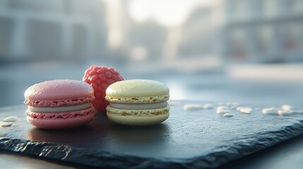 Canvas Print -   Macaroons & Raspberries on Slate